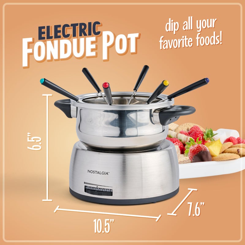 Nostalgia 6-Cup Electric Fondue Pot Set for Cheese & Chocolate - 6 Color-Coded Forks, Temperature Control - Stainless Steel Kitchen Gadgets and Appliances for Hors d'Oeuvres and More - Stainless Steel - Image 2