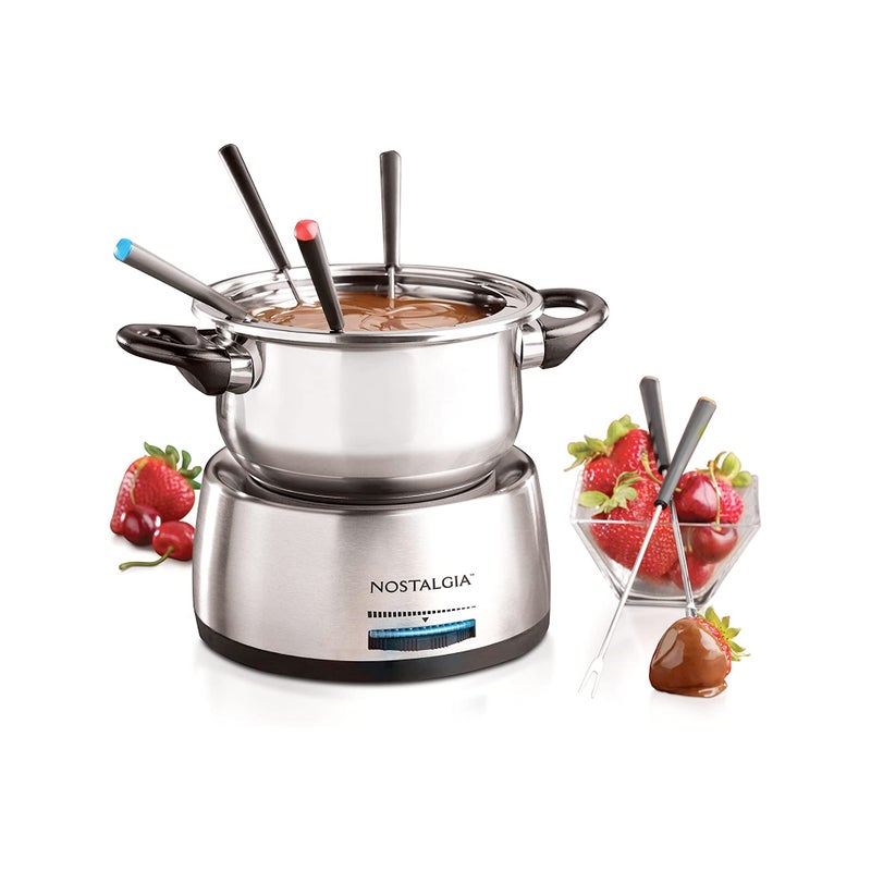 Nostalgia 6-Cup Electric Fondue Pot Set for Cheese & Chocolate - 6 Color-Coded Forks, Temperature Control - Stainless Steel Kitchen Gadgets and Appliances for Hors d'Oeuvres and More - Stainless Steel - Image 1