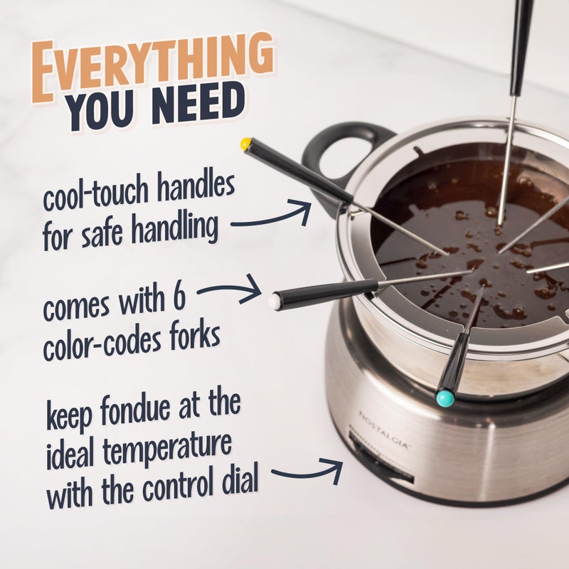 Nostalgia 6-Cup Electric Fondue Pot Set for Cheese & Chocolate - 6 Color-Coded Forks, Temperature Control - Stainless Steel Kitchen Gadgets and Appliances for Hors d'Oeuvres and More - Stainless Steel - Image 4