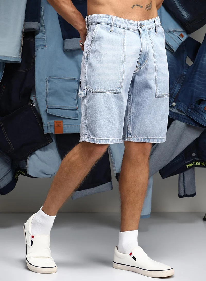 Campus Sutra  Men's Light Blue Carpenter Denim Shorts for Men | Best Price UAE