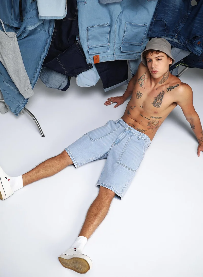 Campus Sutra  Men's Light Blue Carpenter Denim Shorts for Men | Best Price UAE