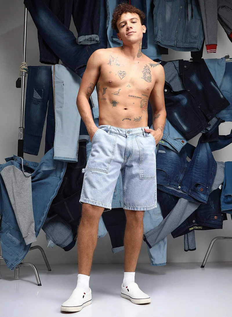 Campus Sutra  Men's Light Blue Carpenter Denim Shorts for Men | Best Price UAE