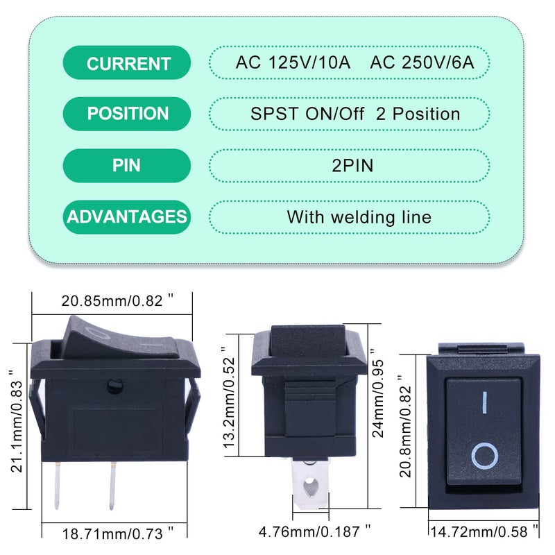 Twidec /10 قطع مفتاح هزاز AC 6A/250V 10A/125V SPST 2 دبابيس وضعين تشغيل/إيقاف للسيارة والقارب أسود مربع مفتاح هزاز مع أسلاك ملحومة مسبقًا (ضمان الجودة لمدة عام واحد) KCD1-X-F - Image 5
