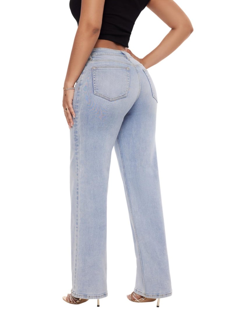 ONESO Mid-Low Rise Baggy Jeans Wide Leg for Women Distressed Pants Stretchy Bottom Lady Basic Comfortable Denim - Image 2