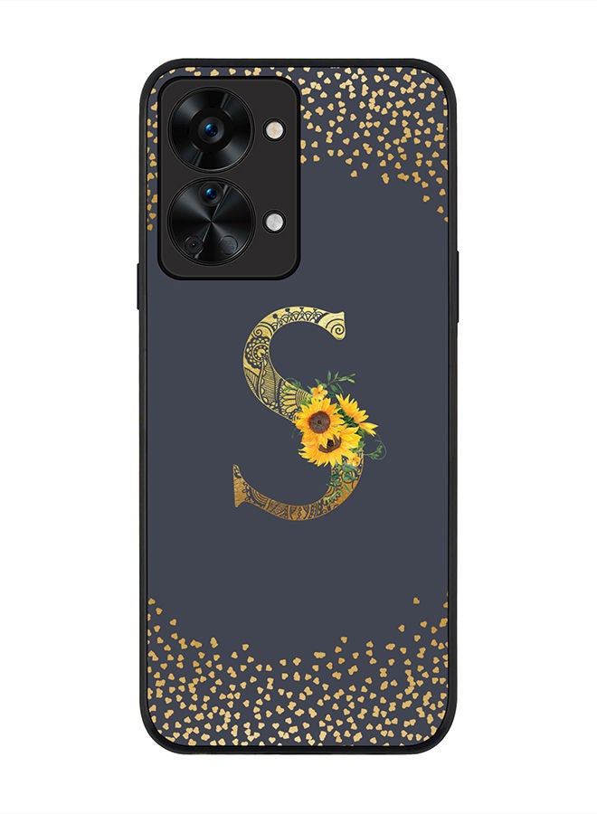 Stylizedd حافظة سوداء متينة لهاتف OnePlus Nord 2T - غلاف مرن من مطاط TPU - تصميم مخصص بنمط زهور - حرف أولي - S (رمادي)  - Image 1