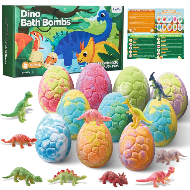 JuraFizz Dinosaur Bath Bombs for Kids with Surprise Inside, 10 Pack Natural Dino Eggs with Exclusive Herbivorous Dinosaur Toys, Birthday Gift Set for Boys & Girls, Dinosaur Toys for Kids Ages 3-9 - Image 1