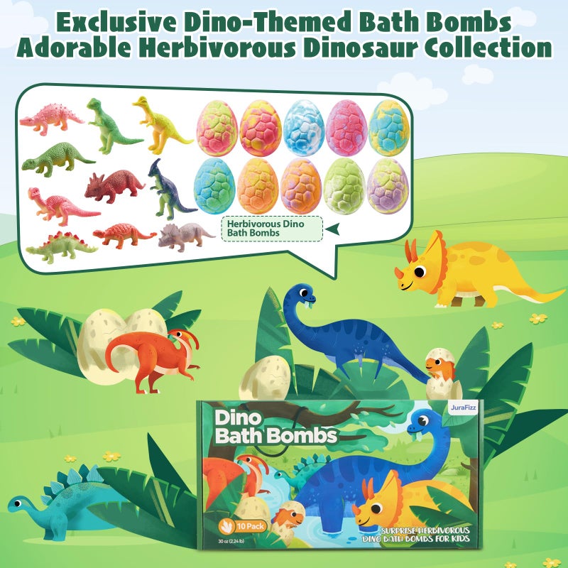 JuraFizz Dinosaur Bath Bombs for Kids with Surprise Inside, 10 Pack Natural Dino Eggs with Exclusive Herbivorous Dinosaur Toys, Birthday Gift Set for Boys & Girls, Dinosaur Toys for Kids Ages 3-9 - Image 2