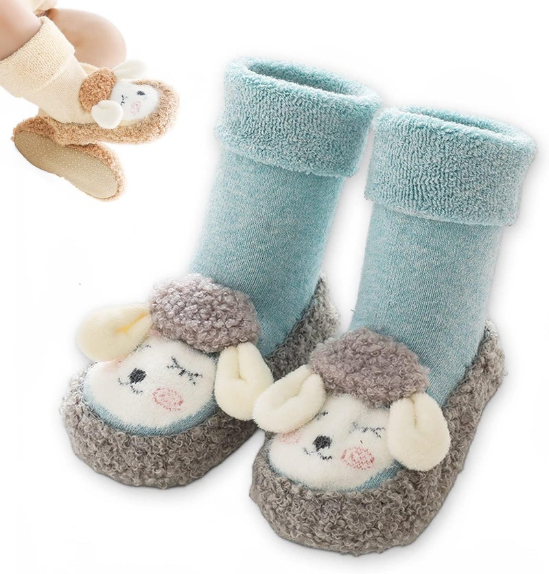 klarako Baby Cartoon Plush Cotton Toddler Shoes,Boy Girls Toddlers Thickened Animal Non-Skid Indoor Slipper Winter Warm Shoes Socks (Blue,13cm-for 12-18Months) - Image 1
