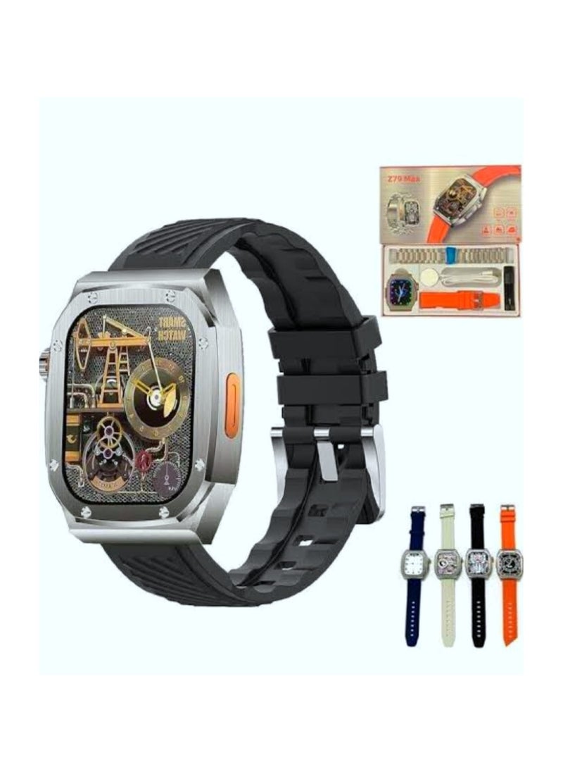 The Z79 Max smart watch features an elegant design that combines metal and a rubber bracelet. It comes with a wide range of features, including NFC, fitness tracking, heart rate monitoring, and phone notifications. The box contains two bands (metal and rubber), a magnetic charger, and a metal band adjustment tool