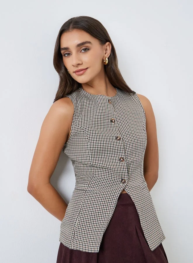 Sleeveless Gingham Patterned Waistcoat