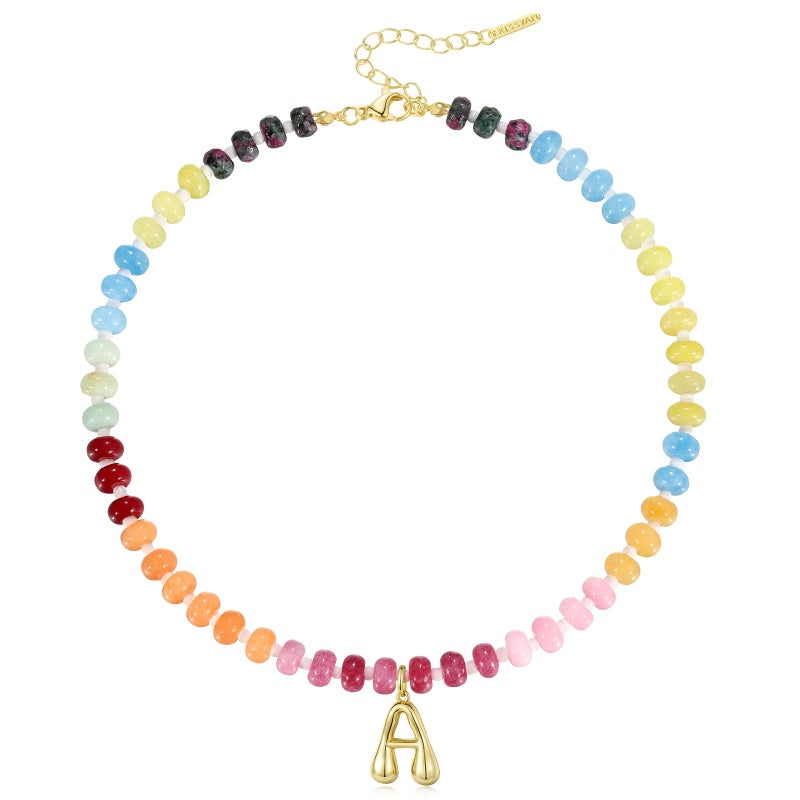 KissYan Initial Necklaces for Women, Colorful Beaded Gemstone Choker 14K Gold Bubble Letter Pendant Necklace Natural Stone Summer Beach Handmade Jewelry Gift(A) - Image 1