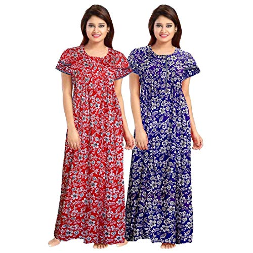 NEGLIGEE Women's Cotton Printed Maxi Nightgown Nighty for Women Ankle Length Night Dress - Pack of 2 (Free Size, Red & Blue) - Image 1