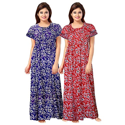 NEGLIGEE Women's Cotton Printed Maxi Nightgown Nighty for Women Ankle Length Night Dress - Pack of 2 (Free Size, Red & Blue) - Image 3