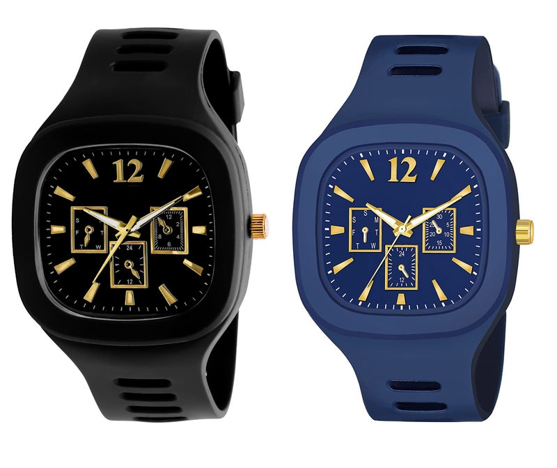 SWADESI STUFF New Combo of Square Dial Black and Blue Silicone Strap ADDI Stylish Designer Analog Watch - for Boys & Men - Image 1
