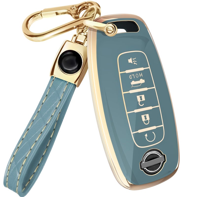 Lucrum Compatible with Nissan Key Fob Cover & Leather Keychain, 5 Buttons Keyfob Case for Pathfinder Rogue Sentra Versa Patrol Armada (2023-2025) - Blue and Gold - Image 1