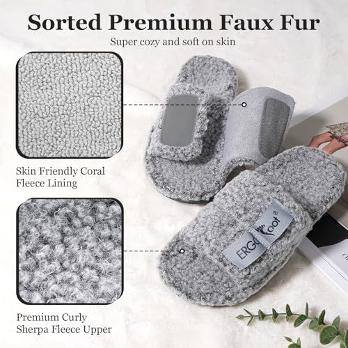 ERGOfoot Fuzzy House Slippers with Arch Support for Women Men, Orthopedic Slide Slippers for Plantar Fasciitis Open Toe Indoor House Shoes with Adjustable Straps, Foot Pain Relief/Grey - Image 4