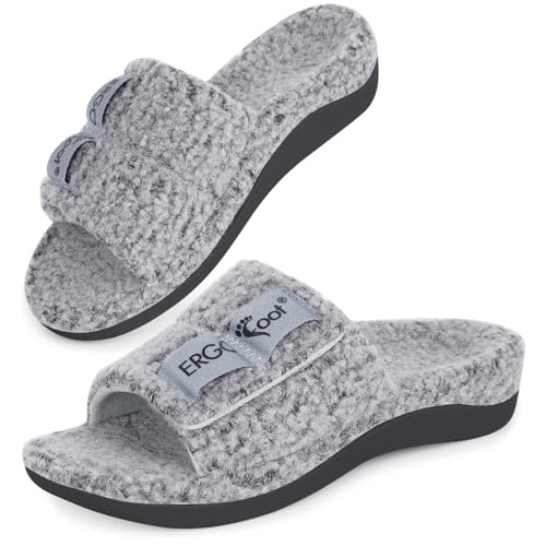 ERGOfoot Fuzzy House Slippers with Arch Support for Women Men, Orthopedic Slide Slippers for Plantar Fasciitis Open Toe Indoor House Shoes with Adjustable Straps, Foot Pain Relief/Grey - Image 1