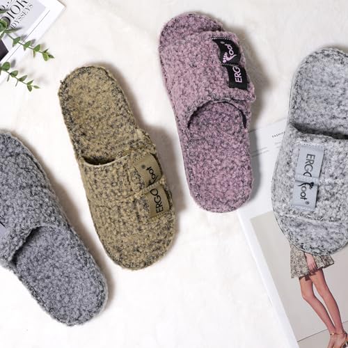 ERGOfoot Fuzzy House Slippers with Arch Support for Women Men, Orthopedic Slide Slippers for Plantar Fasciitis Open Toe Indoor House Shoes with Adjustable Straps, Foot Pain Relief/Grey - Image 2