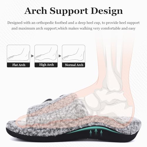 ERGOfoot Fuzzy House Slippers with Arch Support for Women Men, Orthopedic Slide Slippers for Plantar Fasciitis Open Toe Indoor House Shoes with Adjustable Straps, Foot Pain Relief/Grey - Image 3