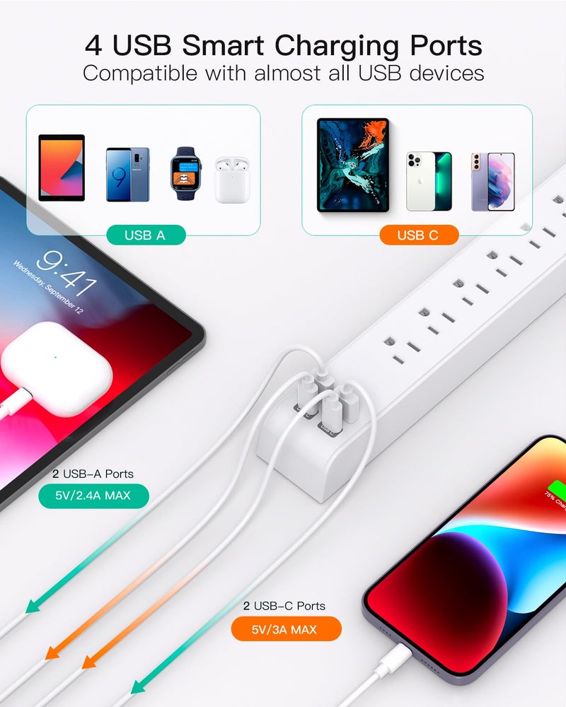 mifaso حماية من زيادة التيار مع شريط الطاقة 2 حزمة، 6 مآخذ و 4 منافذ USB (2 USB C) بطول 5 أقدام، شريط مآخذ حماية من الحمل الزائد، قابل للتثبيت على الحائط للمنزل والمكتب والسكن الجامعي، مدرج في ETL - Image 3