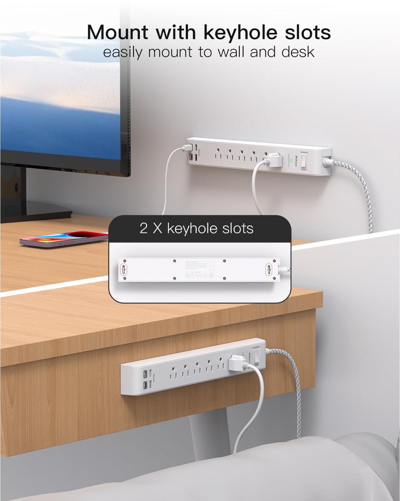 mifaso حماية من زيادة التيار مع شريط الطاقة 2 حزمة، 6 مآخذ و 4 منافذ USB (2 USB C) بطول 5 أقدام، شريط مآخذ حماية من الحمل الزائد، قابل للتثبيت على الحائط للمنزل والمكتب والسكن الجامعي، مدرج في ETL - Image 5