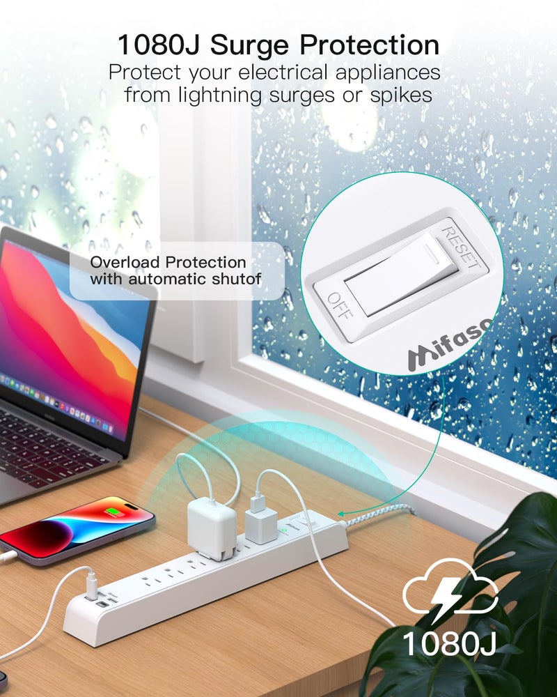 mifaso حماية من زيادة التيار مع شريط الطاقة 2 حزمة، 6 مآخذ و 4 منافذ USB (2 USB C) بطول 5 أقدام، شريط مآخذ حماية من الحمل الزائد، قابل للتثبيت على الحائط للمنزل والمكتب والسكن الجامعي، مدرج في ETL - Image 4