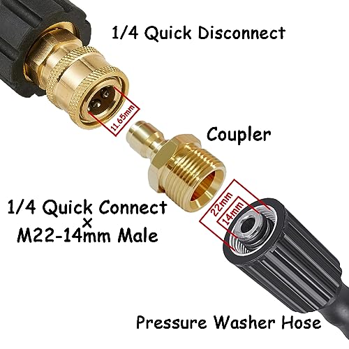 Uenede 2PCS Brass Pressure Washer Coupler, M22-14mm Male x 1/4" Quick Connect, 5000PSI Metric Hex Nipple Coupling Adapter Fittings - Image 2