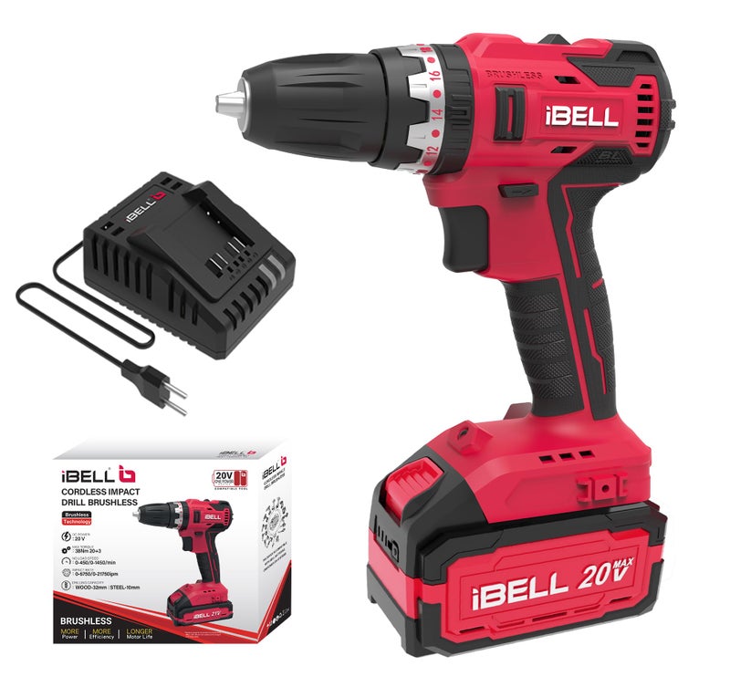 IBELL TOOLS IBELL One Power Series Cordless Impact Drill Brushless BD20-38 20V 38Nm with 4Ah Battery & Charger - Image 1