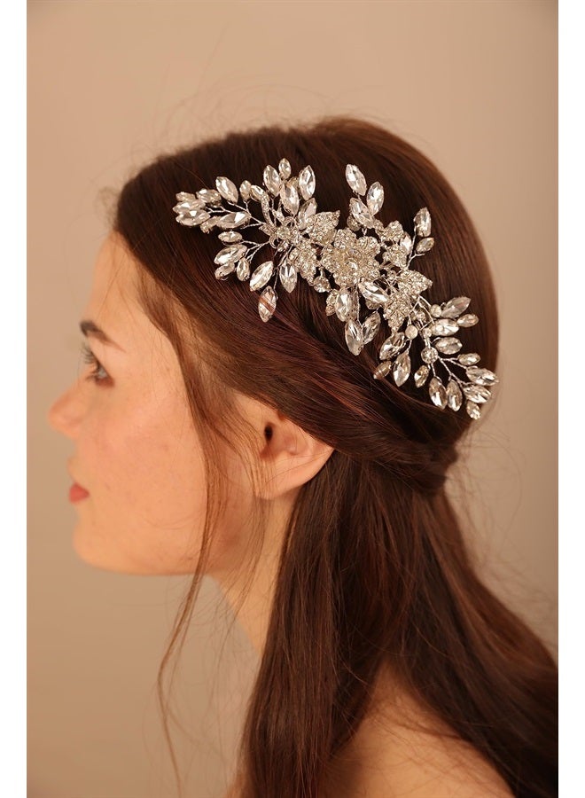 Wedding Silver Flower Leaf Crystal Rhinestone Hair Comb Teardrop Crystal Rhinestone Beads Hair Comb Wedding Hair Accessories for Women and Girls Silver Bride Headband for Brides Bridesmaid