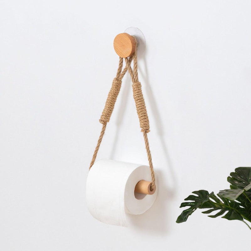 Wood  Rope Wall Toilet Paper Holder Rustic Tissue Rolls Paper Holder Wall Mounted Nautical Rattan Bathroom Accessories with SelfAdhesive Seamless Screw
