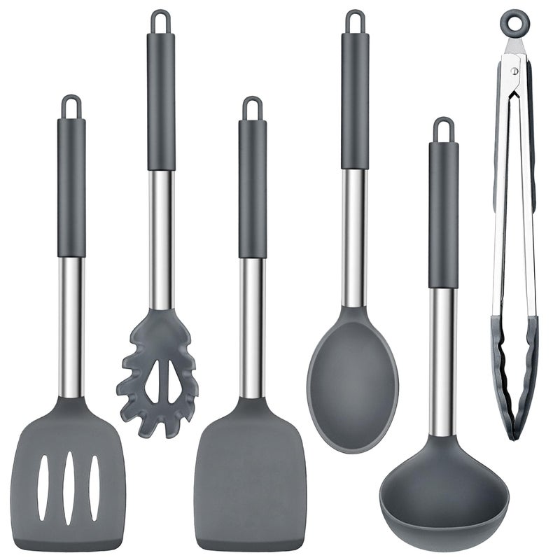 Herogo Kitchen Utensils Set 6Piece Silicone Cooking Utensil Set Heat Resistant Stainless Steel Handle Cooking Tools NonStick Silicone Spatula Turner Spoon Set Easy to Clean  Grey