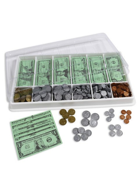 Classroom Money Kit - Set Of 1,000 Bills And Coins - Designed And Sized Like Real Us Currency - Teach Currency, Counting And Math With Play Money - Includes Storage Tray And Lid