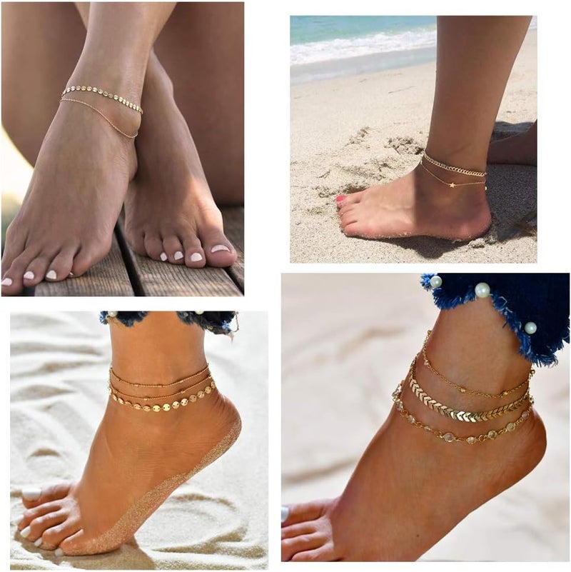 Softones 16Pcs Ankle Bracelets for Women Gold Silver Two Style Chain Beach Anklet Bracelet Jewelry Anklet Set,Adjustable Size - Image 4
