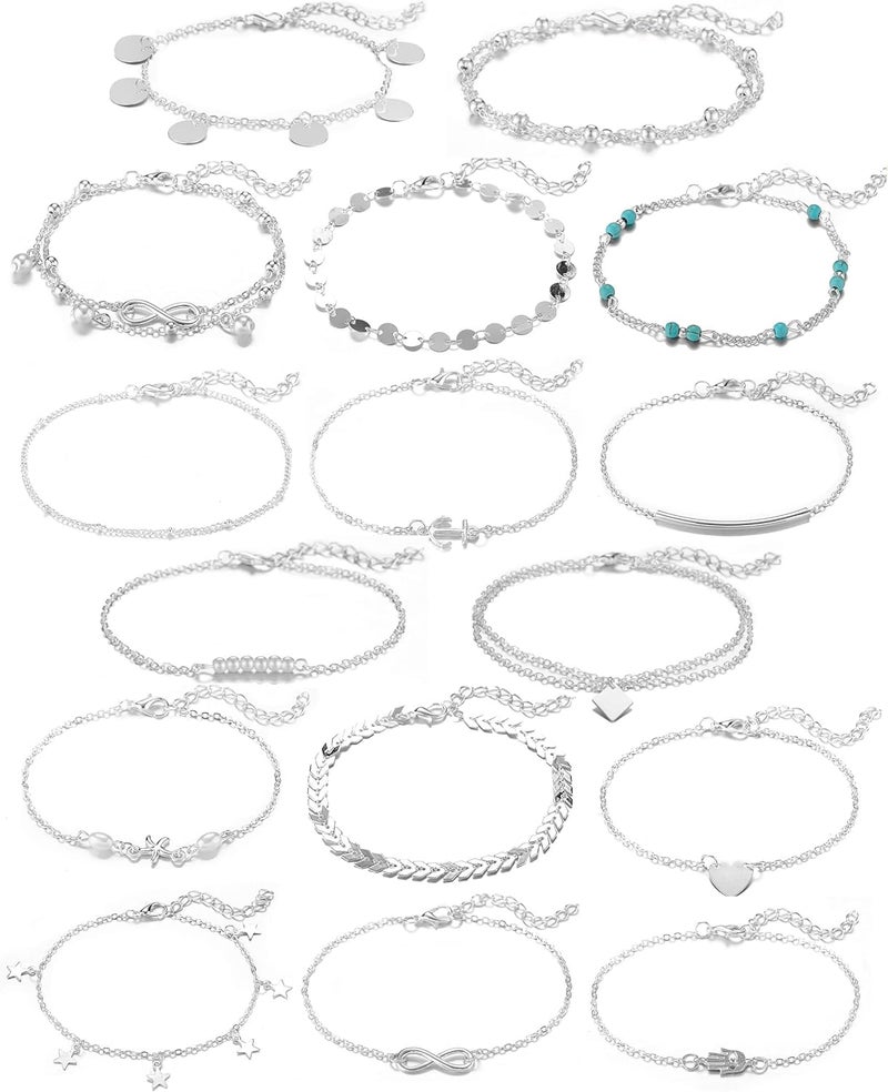 Softones 16Pcs Ankle Bracelets for Women Gold Silver Two Style Chain Beach Anklet Bracelet Jewelry Anklet Set,Adjustable Size - Image 1
