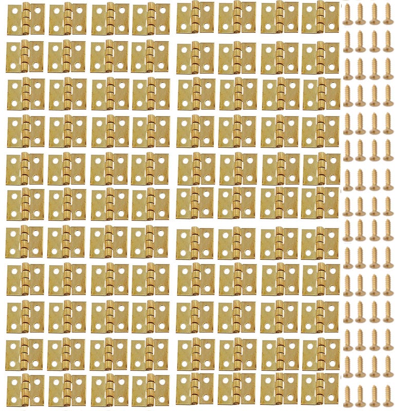 VEIREN 100 Pack Mini Hinges with 400 Pack Replacement Screws Gold Copper Butt Hinge Connector with Mounting Nail for Jewelry Case Cabinet Closet Dollhouse10x8mm Furniture Mirrors Picture Frames