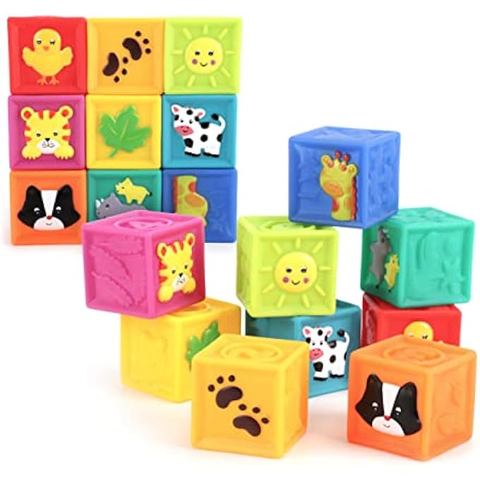 BABY STACKING BLOCKS SENSORY TOYS SET TEXTURED BALLS, NUMBER BLOCK CUBES & ANIMAL TOYS FOR TODDLERS , BLOCKS & BUDDIES 9PCS (FOR 12 MONTHS+)- MULTI COLOR - Image 1