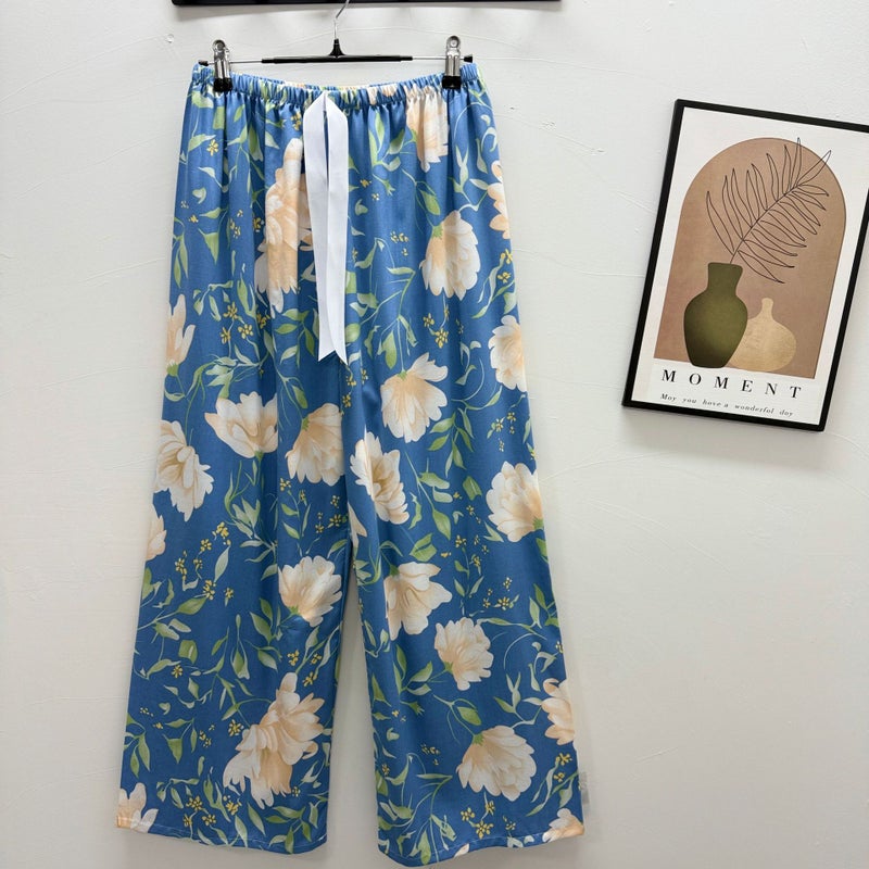 Cotton Silk Casual Pants for Women, Summer Artificial Cotton Thin Wide-Leg Pants, Spring  Fall Wearable Loose Home Printed Pajamas, New Lotus on blue background 