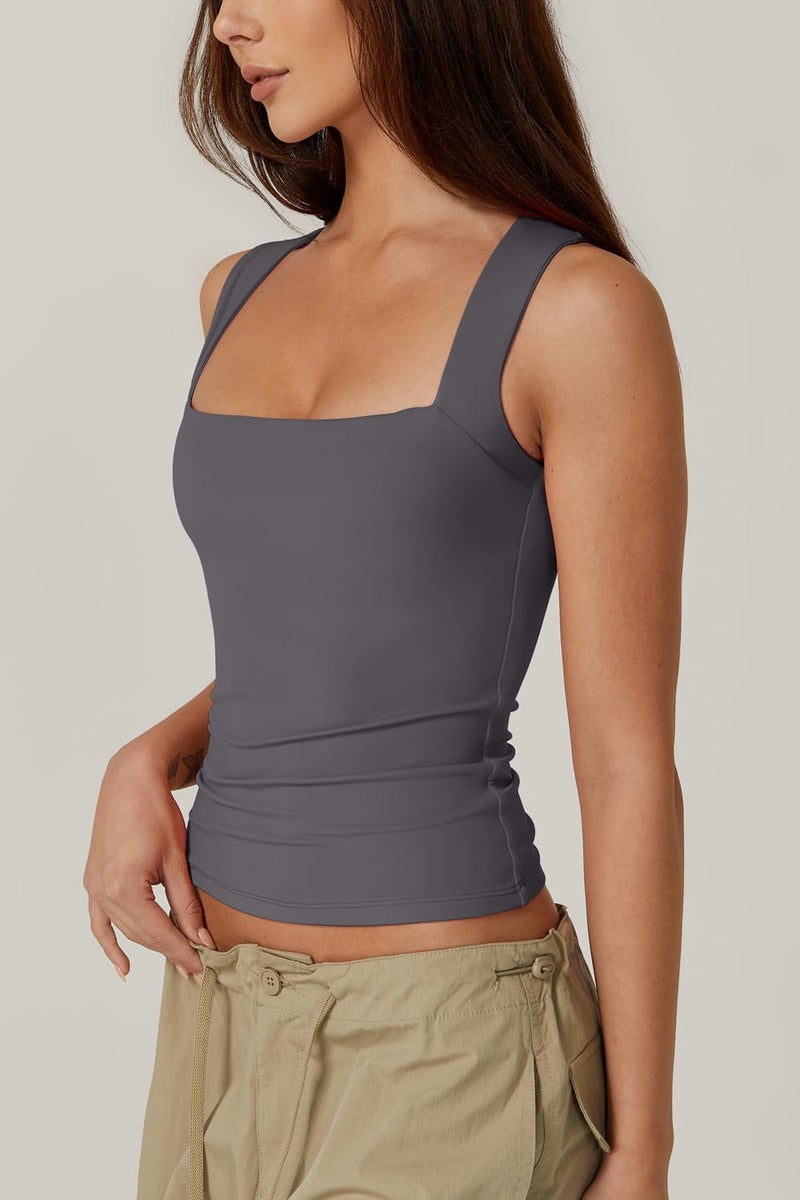 QINSEN Women's Summer Tank Tops Square Neck Sleeveless Slim Fitted Going Out Shirts Dark Grey L - Image 2