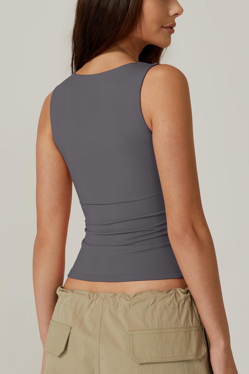 QINSEN Women's Summer Tank Tops Square Neck Sleeveless Slim Fitted Going Out Shirts Dark Grey L - Image 5