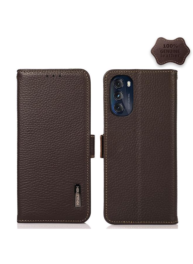 اس-توب جراب لهاتف Motorola Moto G 2022 5G KHAZNEH جراب هاتف RFID من الجلد الطبيعي من الليتشي بمغناطيس جانبي - Image 1