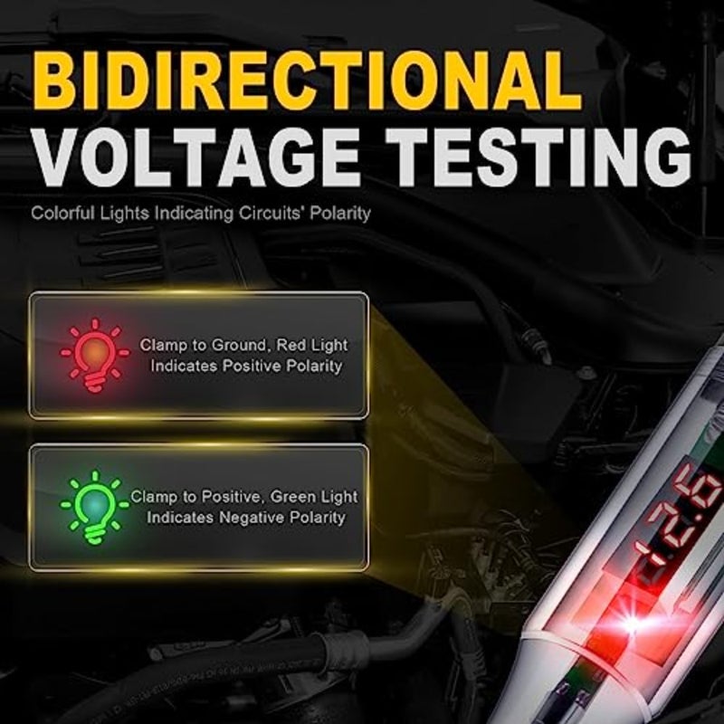 تطبيق اختبار السيارات، هيكل بلاستيكي ABS، لون أسود، شاشة LED رقمية لجهد 5-90 فولت مع إضاءة ثنائية الاتجاه ومسبار سلك زنبركي ممتد - Image 4