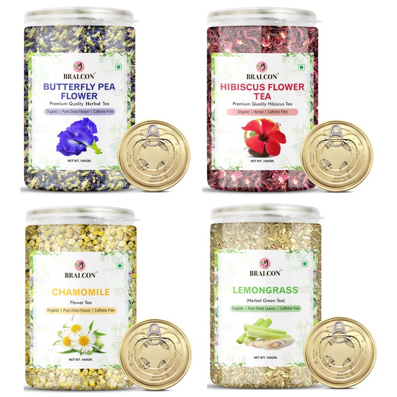 BRALCON Hibiscus Flower Tea(50g) + Butterfly Blue Pea flower Tea (50g) + Lemongrass Herbal Tea(50g) Chemomile Tea (50g) - Image 1