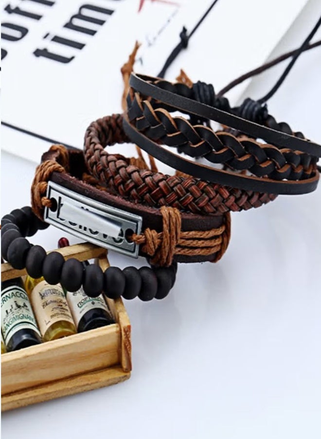 Happy D Hand-Woven Adjustable Men's Bracelet 4-Piece Set | Premium Leather + Wax Thread + Alloy Clasp | DIY Customizable | Birthday/Eid Gift | Brown Stylish Accessories - Image 3