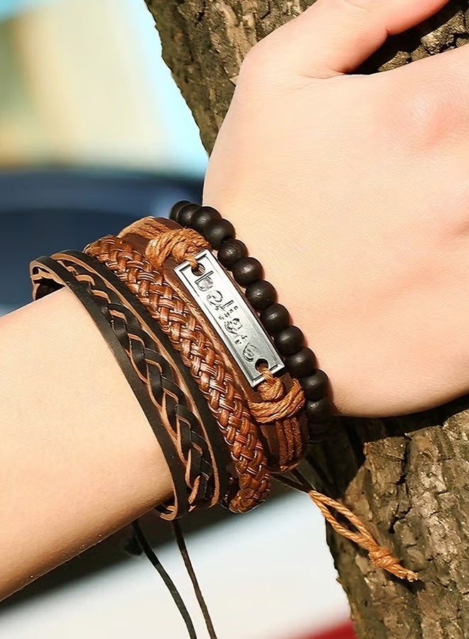 Happy D Hand-Woven Adjustable Men's Bracelet 4-Piece Set | Premium Leather + Wax Thread + Alloy Clasp | DIY Customizable | Birthday/Eid Gift | Brown Stylish Accessories - Image 1