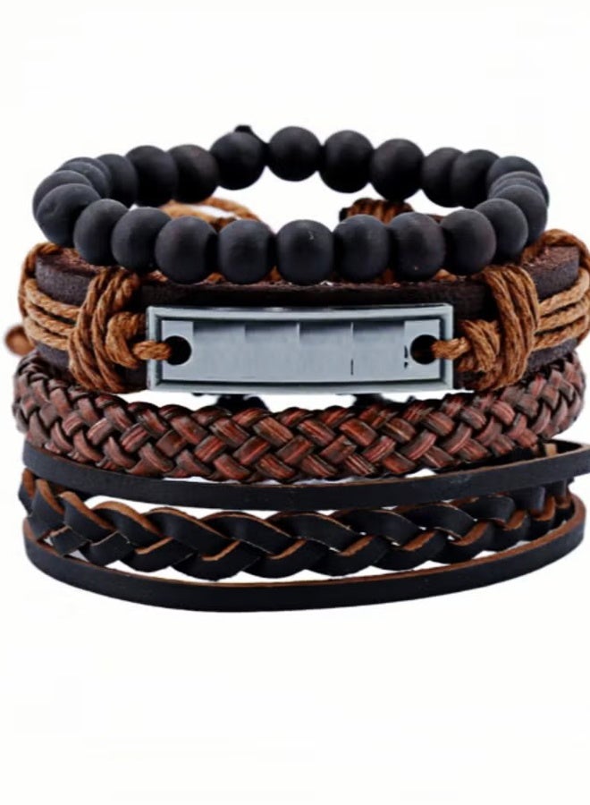 Happy D Hand-Woven Adjustable Men's Bracelet 4-Piece Set | Premium Leather + Wax Thread + Alloy Clasp | DIY Customizable | Birthday/Eid Gift | Brown Stylish Accessories - Image 4