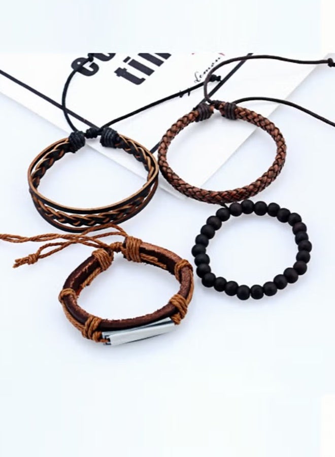 Happy D Hand-Woven Adjustable Men's Bracelet 4-Piece Set | Premium Leather + Wax Thread + Alloy Clasp | DIY Customizable | Birthday/Eid Gift | Brown Stylish Accessories - Image 2