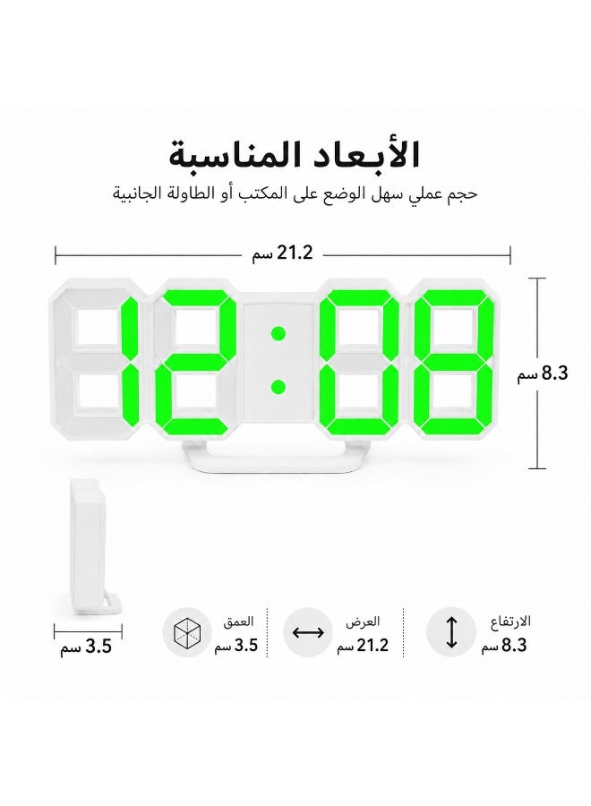 Large LED digital alarm clock (wall and desk) displaying time, date, and temperature; features 3 independent alarms, night mode, power-saving mode, and settings memory; powered by DC 5V input. - Image 2