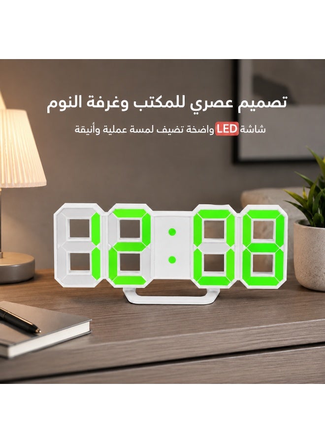 Large LED digital alarm clock (wall and desk) displaying time, date, and temperature; features 3 independent alarms, night mode, power-saving mode, and settings memory; powered by DC 5V input. - Image 3