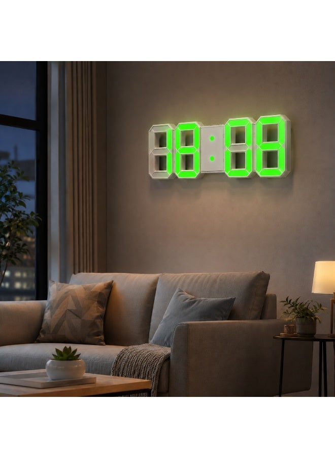 Large LED digital alarm clock (wall and desk) displaying time, date, and temperature; features 3 independent alarms, night mode, power-saving mode, and settings memory; powered by DC 5V input. - Image 5