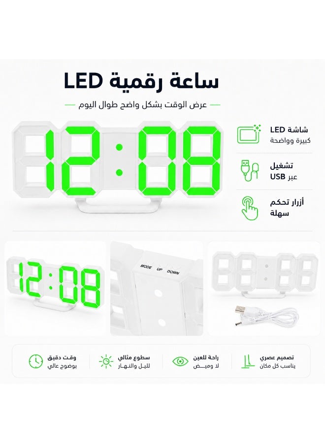 Large LED digital alarm clock (wall and desk) displaying time, date, and temperature; features 3 independent alarms, night mode, power-saving mode, and settings memory; powered by DC 5V input. - Image 4